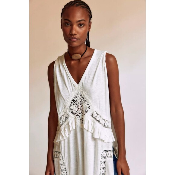 Free People Willow Maxi Top Crochet Lace Ruffle Cotton Jersey Ivory L NWT 284630 - Picture 2 of 9